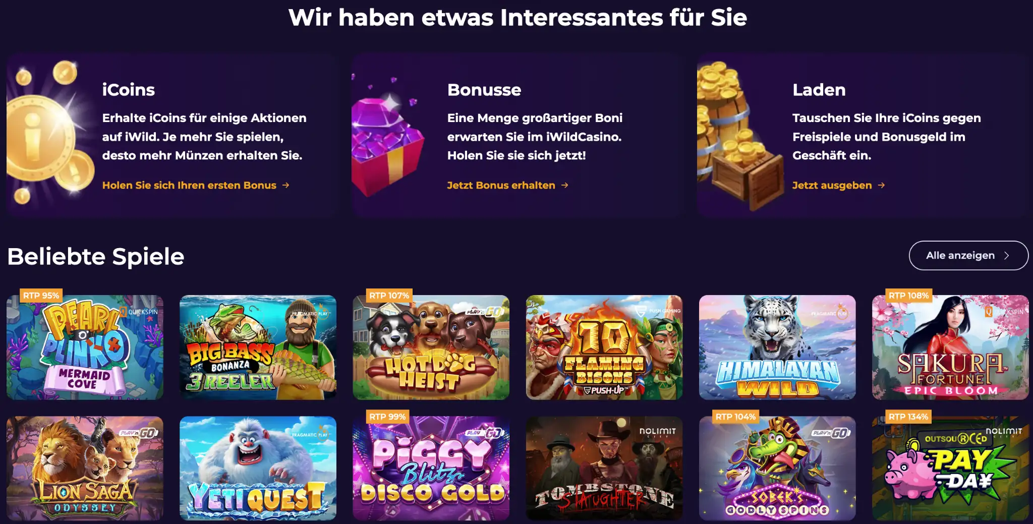 Die Bonusseite des iWild Casinos mit Angeboten