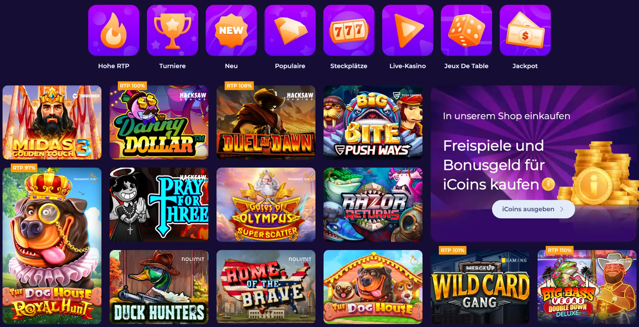 Übersicht der Spieleseite im iWild Casino